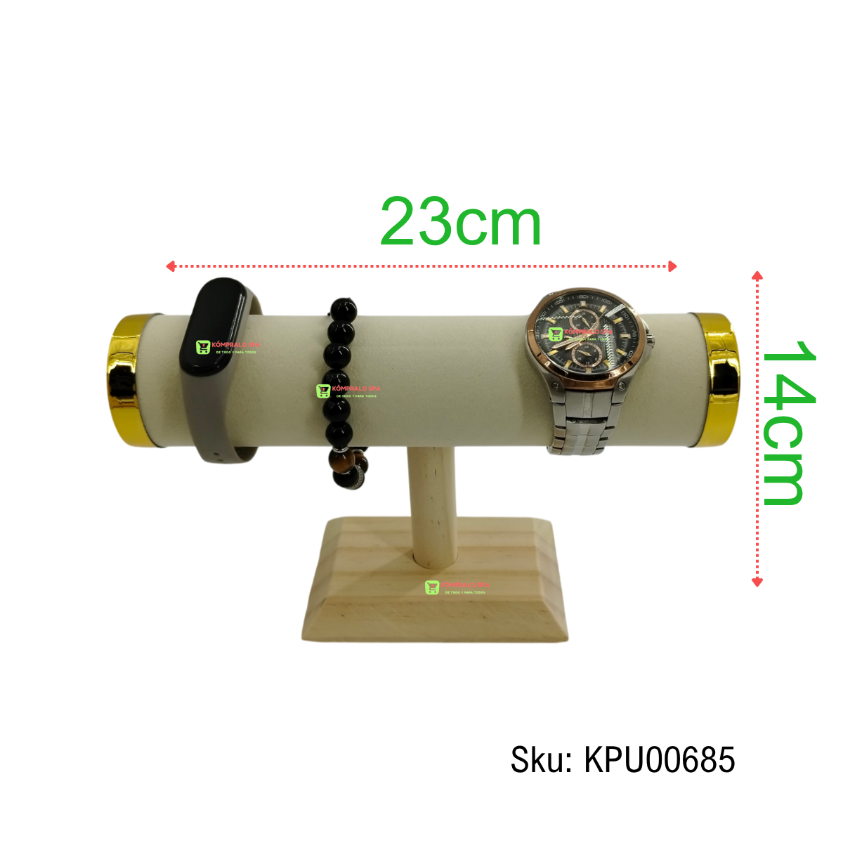 14 Exhibidor De Pulseras Relojes Base Madera Beige con Tapas Doradas 1 Nivel KY - Imagen 1