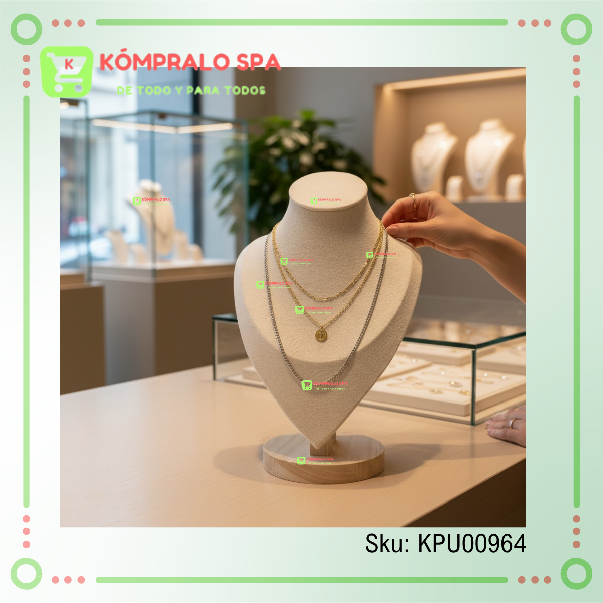 143 Exhibidor De Collar Cadenas Terciopelo Beige Base Madera 30cm - Imagen 2