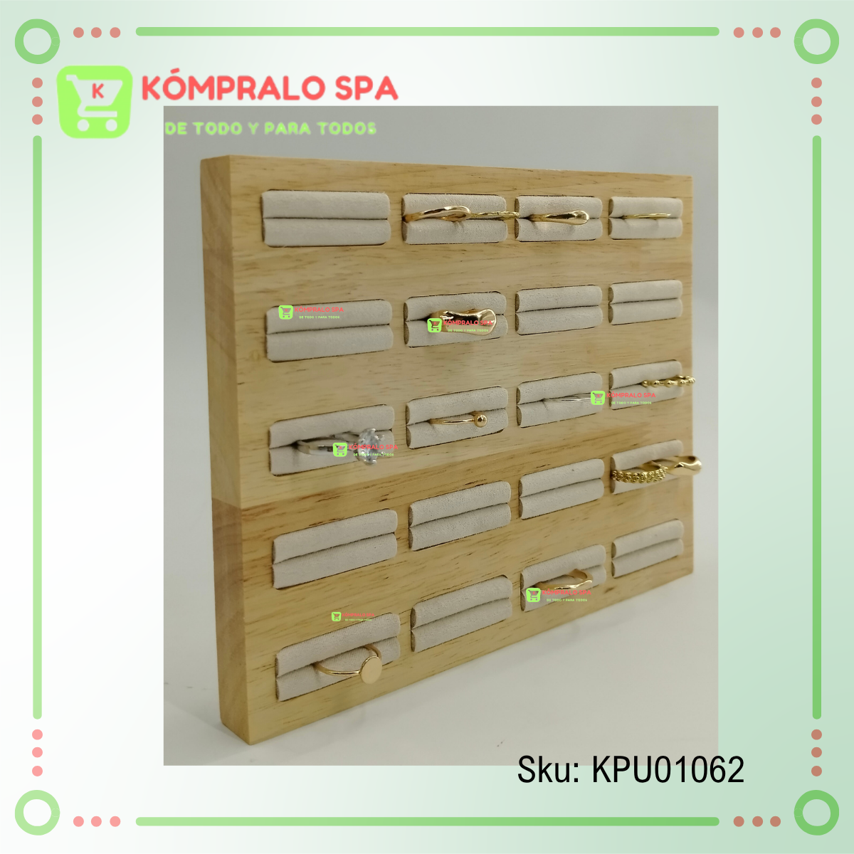 168 Exhibidor de 40 Anillos De Madera Terciopelo Beige 19.2x15cm KY - Imagen 9