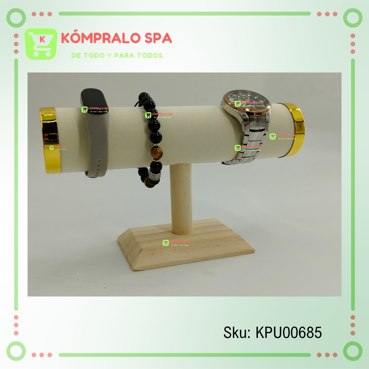 17 Exhibidor De Pulseras Relojes Base Madera Beige con Tapas Doradas 1 Nivel KY - Imagen 8