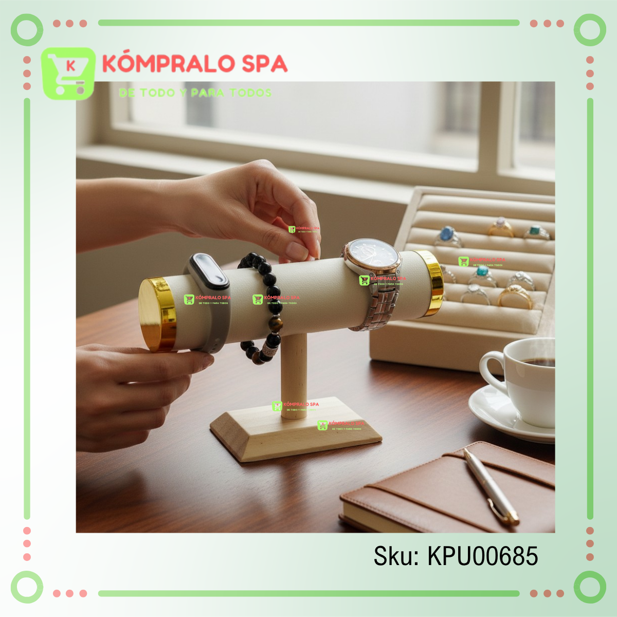 19 Exhibidor De Pulseras Relojes Base Madera Beige con Tapas Doradas 1 Nivel KY - Imagen 2