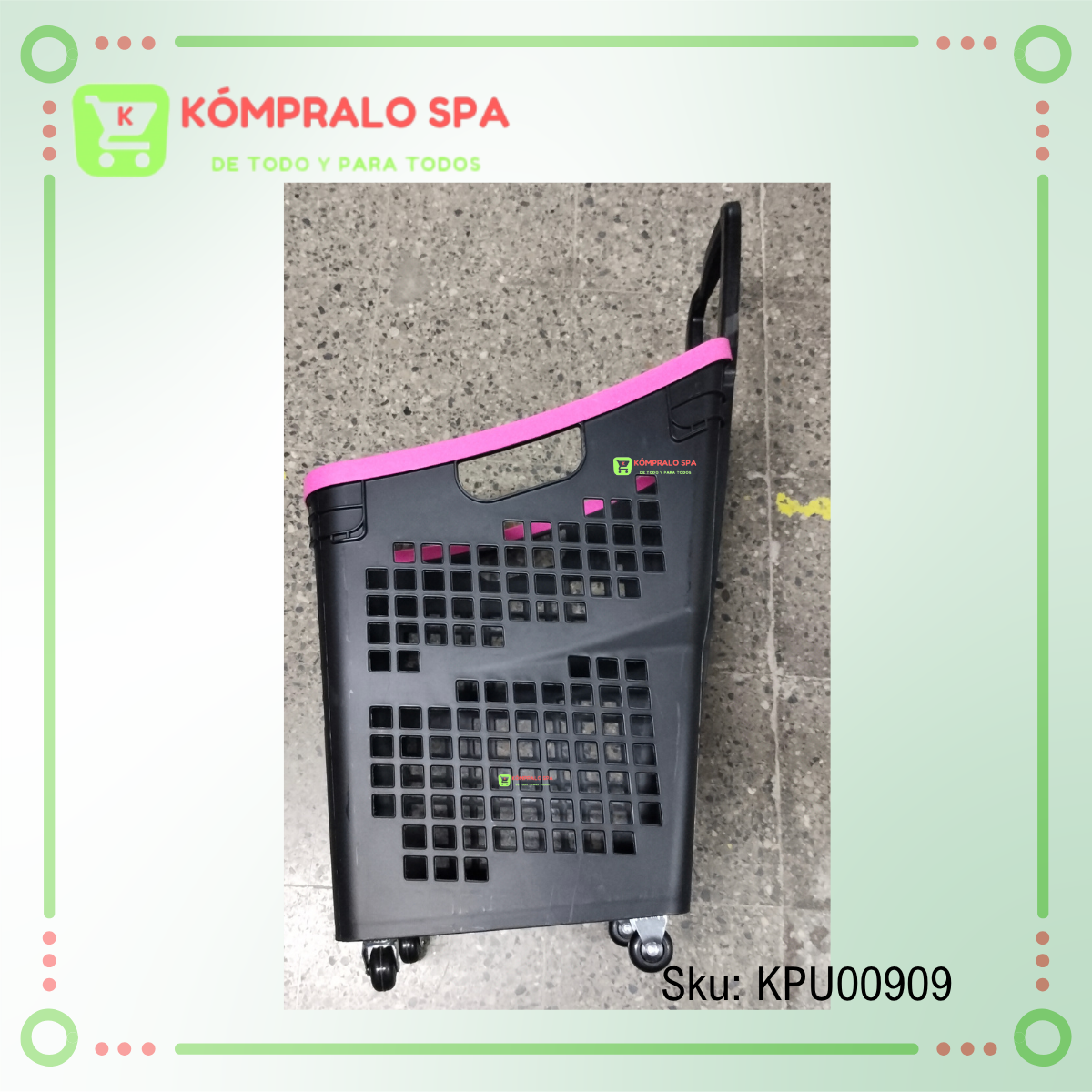 366 Canasto Plastico Cesta De Compras Para Supermercado Con Ruedas Negro Linea Rosada 89cm - Imagen 4