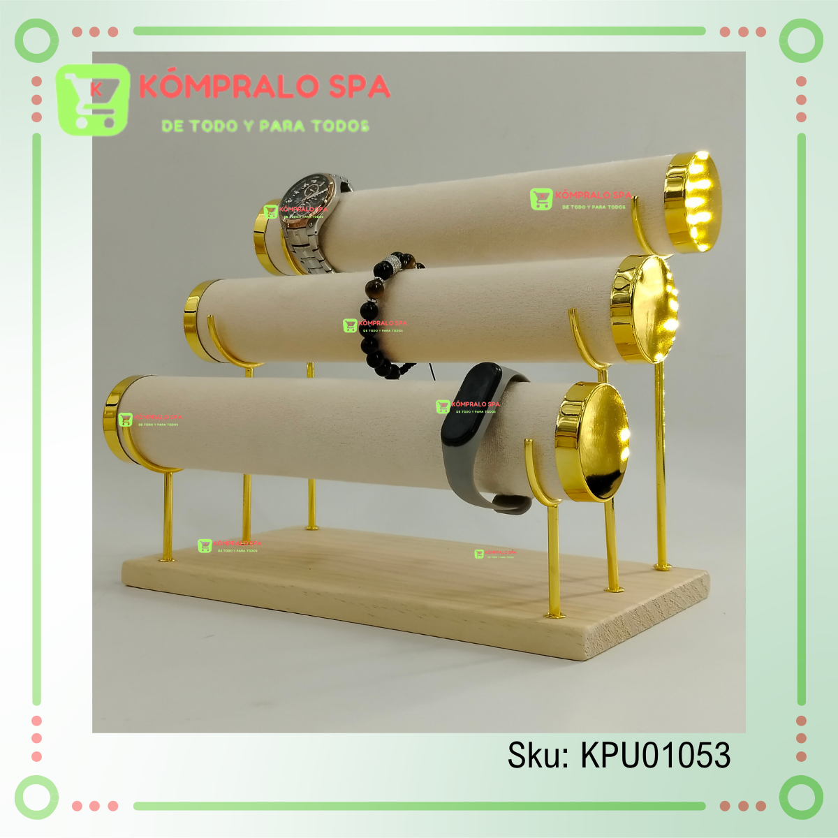 6 Exhibidor De Pulseras Relojes Base Madera Metal Tapas Doradas Terciopelo Beige 3 Niveles KY - Imagen 5