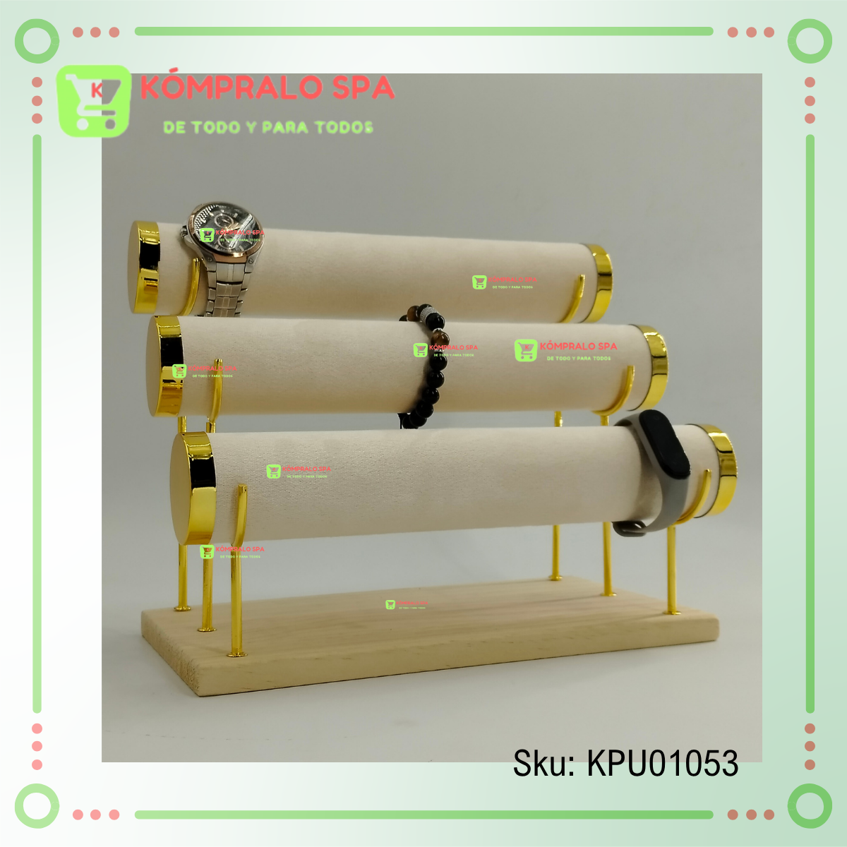 7 Exhibidor De Pulseras Relojes Base Madera Metal Tapas Doradas Terciopelo Beige 3 Niveles KY - Imagen 7