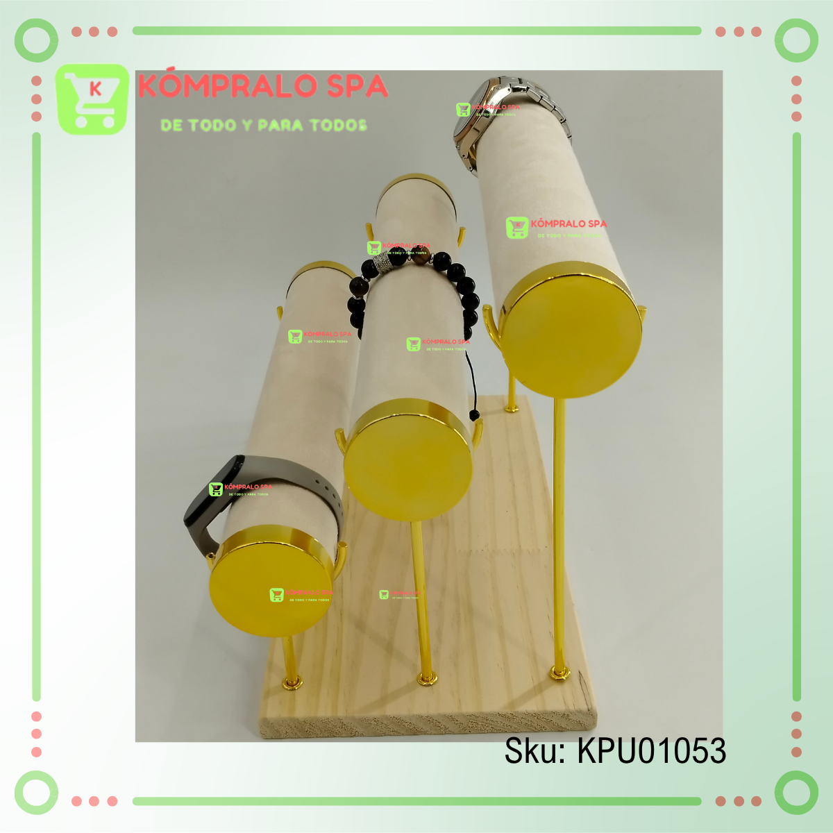 8 Exhibidor De Pulseras Relojes Base Madera Metal Tapas Doradas Terciopelo Beige 3 Niveles KY - Imagen 8